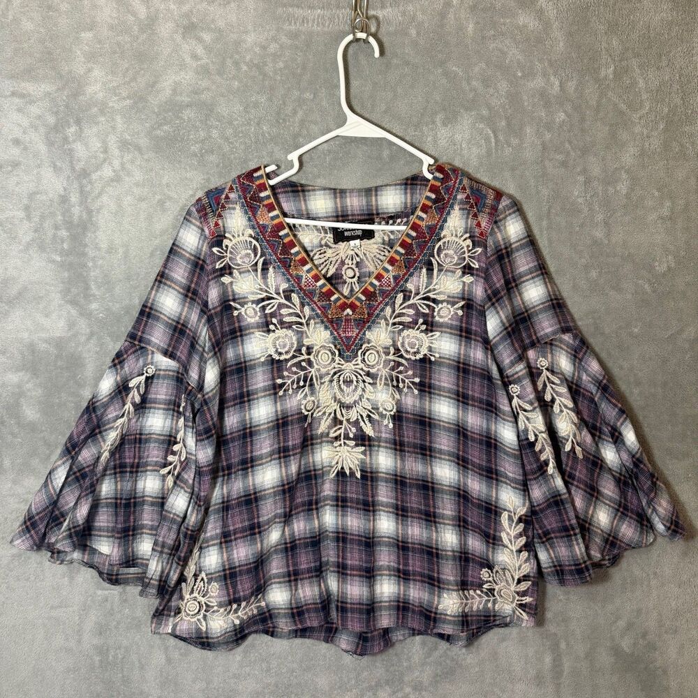 Johnny Was Workshop Top Small Mica Swing Blouse Plaid Embroidered Flannel Boho